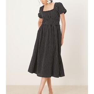 NWT Nobody’s Child Aggie Midi Dress Women’s Size 8 Black Stripe Puff Sleeves